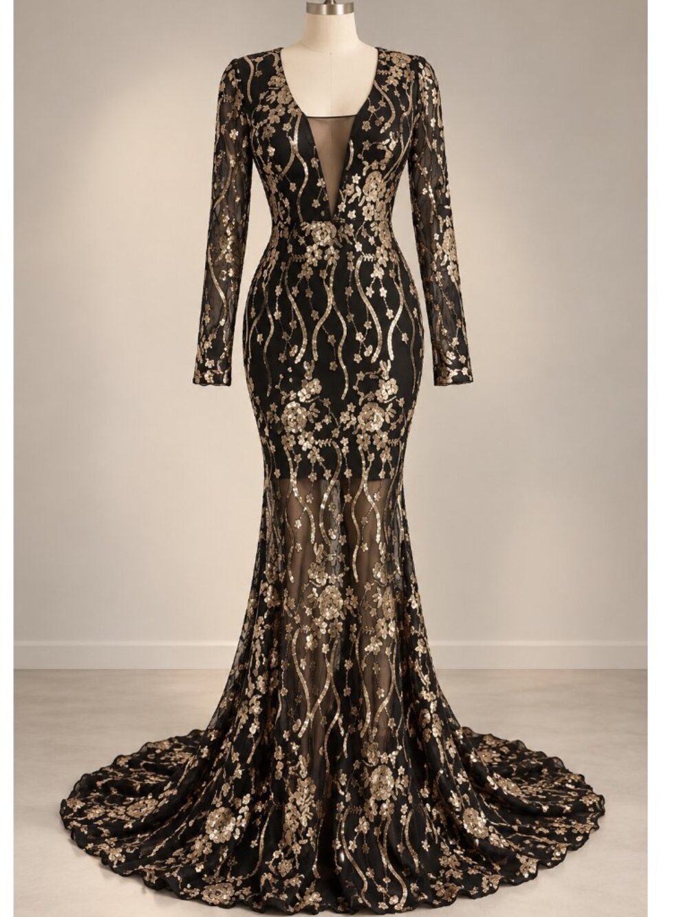 Miss Ord Black Gold Sequin Mermaid Gown Train 0XL NWT